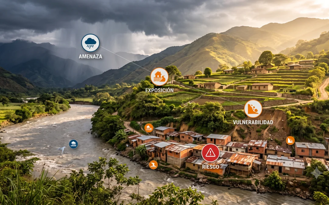 Ilustración de un valle andino donde la misma lluvia afecta distinto a una ladera preparada y a una vulnerable