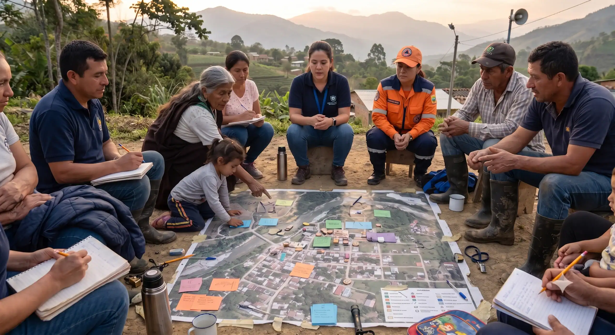 resiliencia-comunitaria-articulo-fungir Ilustración de una comunidad reunida en círculo planificando su mapa local de emergencia